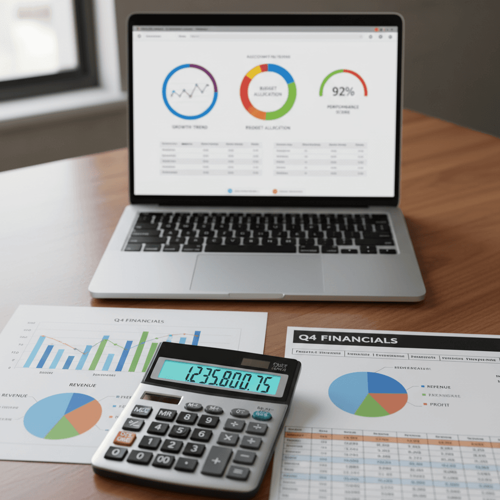 Overhead view of financial reports, calculator, and accounting software dashboard displaying data analysis and metrics
